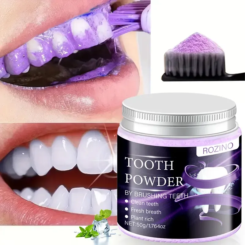 ROZINO Herbaceous Purple Tooth Powder 50g in Clear Jar Whiten teeth. Tobacco stains, long-lasting care for Clean Teeth & Fresh Breath Plant Rich Formula with Mint Extracts Oral Brightening Daily Gentle Mint