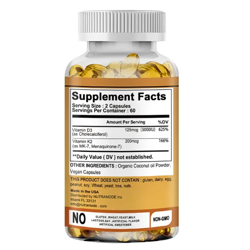 Vitamin D3+K2 Composite Vitamin Supplement - Supports bone health, supports immune system, supports emotional stability - 120 capsules
