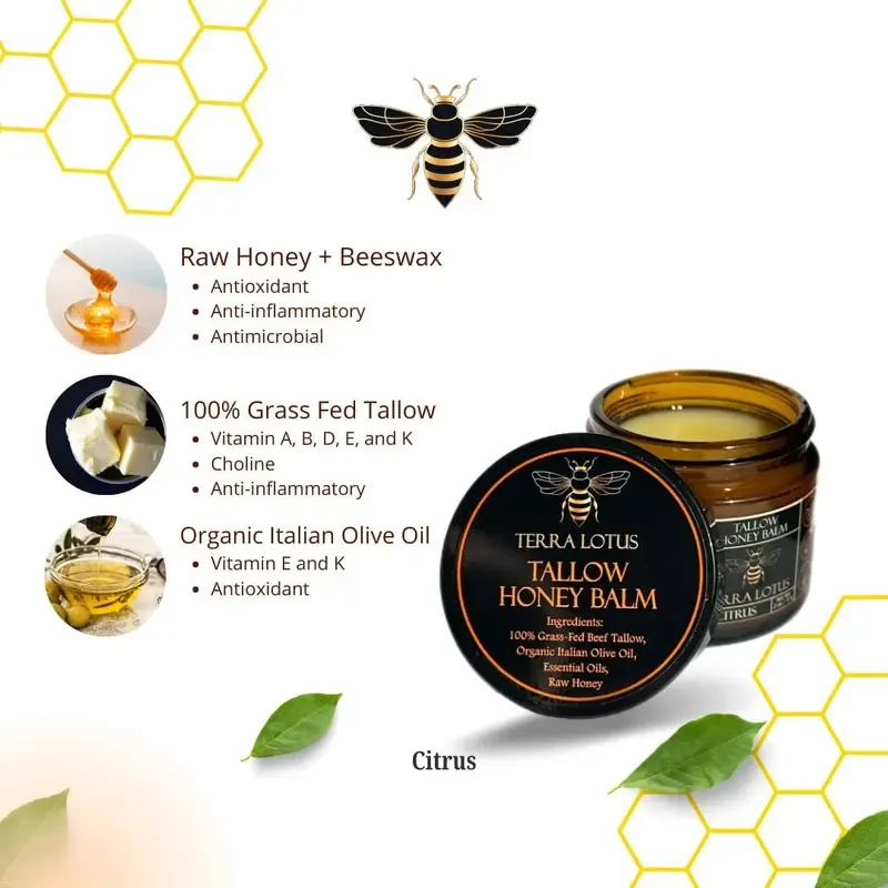 Organic Grass-Fed Beef Tallow Balm with Raw Honey - Handmade All-Natural Moisturizer for Soft, Smooth, Radiant Skin