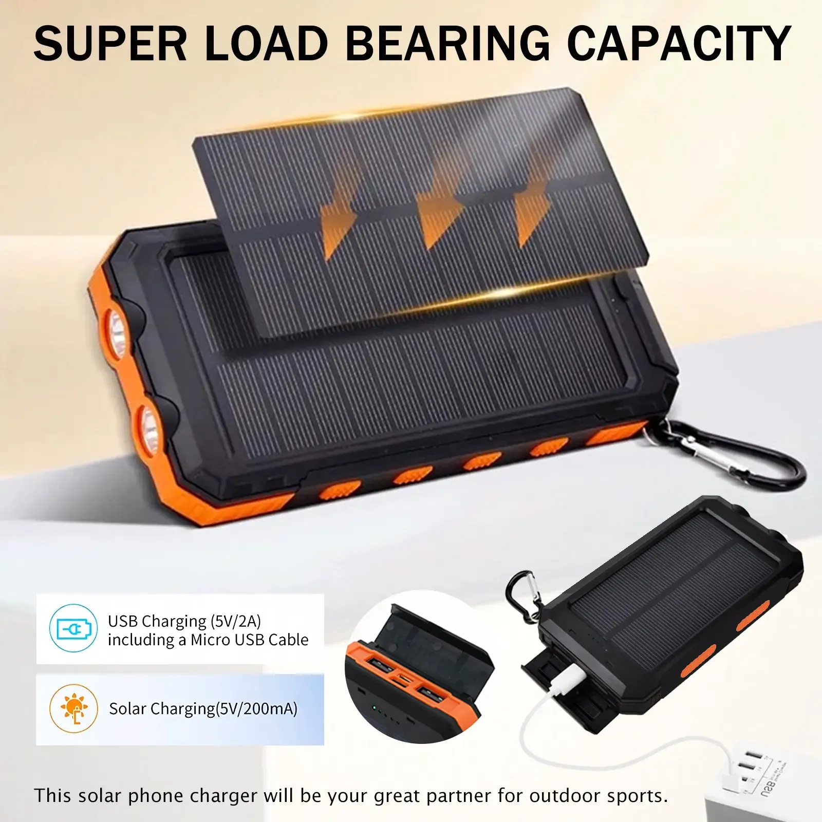 2026Portable Solar Charger Power Bank with LED Flashlight - Dual USB-A Output, Waterproof Outdoor Design with Compass & Carabiner for Phone