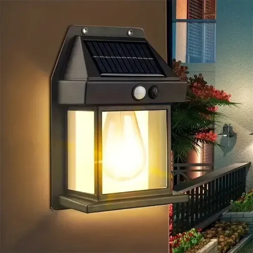 Solar Tungsten Outdoor Wall Light - Dusk-Auto-On + Motion Sensor for Garden & Villa
