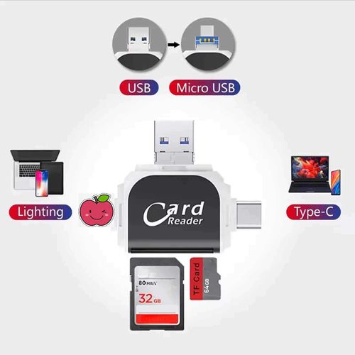 4-in-1 Card Reader: Works with iPhone & Android—Plug & Play
