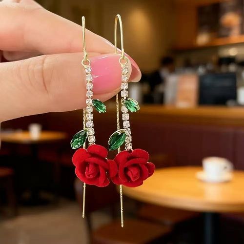 New Red Velvet Rose Earrings for Women - Trendy Dangle Earrings Luxury Slimming Face Jewelry ✨