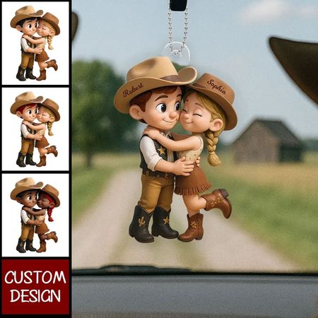 Cartoon Style Countryside Couple Cowboy Cowgirl Personalized Car Ornament