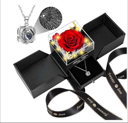Preserved Red Real Rose with Heart I Love You Necklace -Eternal Flowers Rose Birthday Gifts for Women Her Mom Wife Girlfriend Grandma on Valentines Mothers Day Christmas Anniversary Romantic-Red