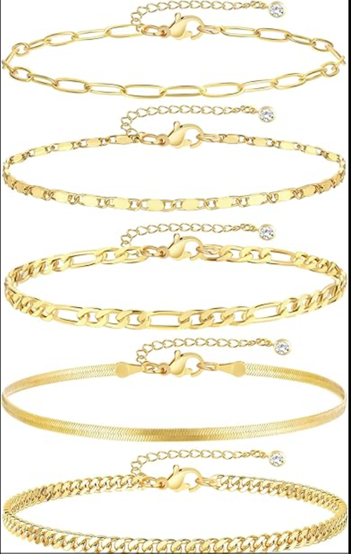 Gold Ankle Bracelets for Women, 14k Gold Plated Waterproof Cuban Link Chain Anklets Set, Layered Anklet Bracelets for Women Beach Gift Adjustable Size 5pc