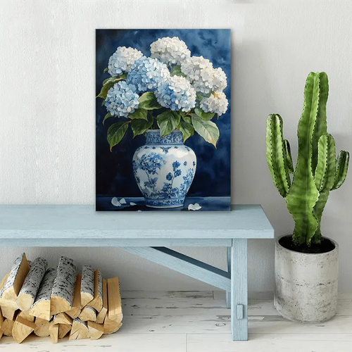 Wooden frame canvas painting, fashionable embroidered ball flower bottle, canvas art print, wrapped canvas painting for modern living room, bedroom, office, and coffee shop wall decoration