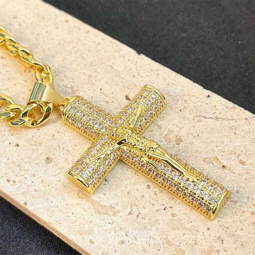 Gold plated large diamond studded cross necklace