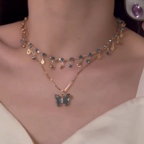 2025 New Blue Butterfly Double - Layer Choker Necklace - Trendy Women Fashion Accessory