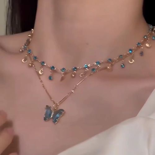 2025 New Blue Butterfly Double - Layer Choker Necklace - Trendy Women Fashion Accessory