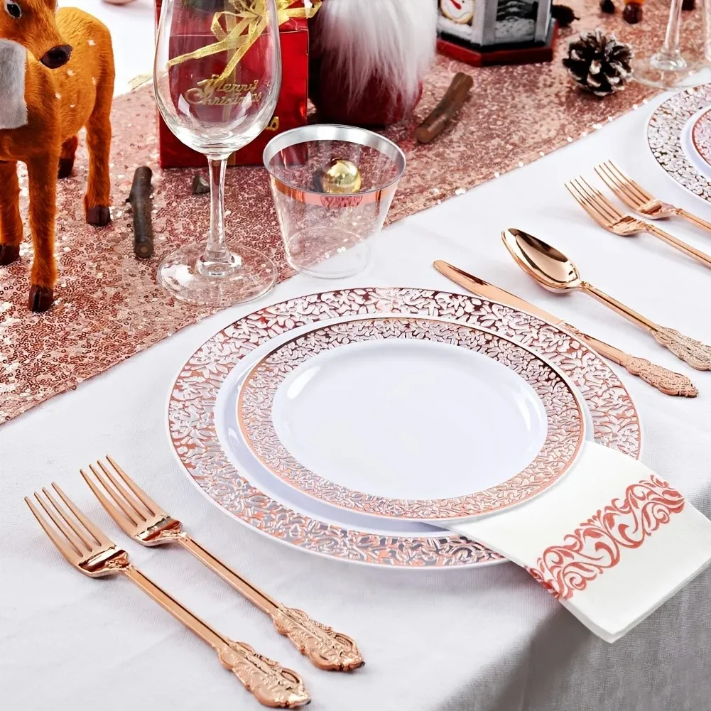 175pcs Rose Gold Plastic Tableware Set for 25 Guests - Rose Gold Edge Lace Design, Including 25 Dinner Plates, 25 Dessert Plates, 25 Forks, 25 Knives, 25 Spoons, 25 Cups, 25 Napkins, Suitable for Parties, Weddings, Easter, Mother's Day And Daily Use