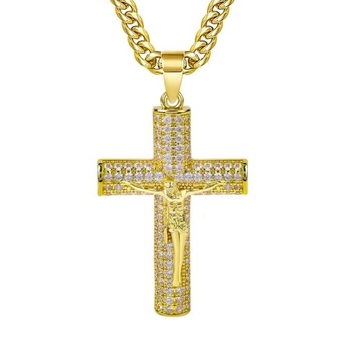 Gold plated large diamond studded cross necklace