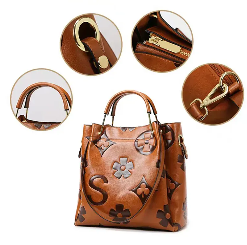 Bucket bag, women's high-end sense, large capacity, fashionable embossed shoulder bag, handbag, on handbags