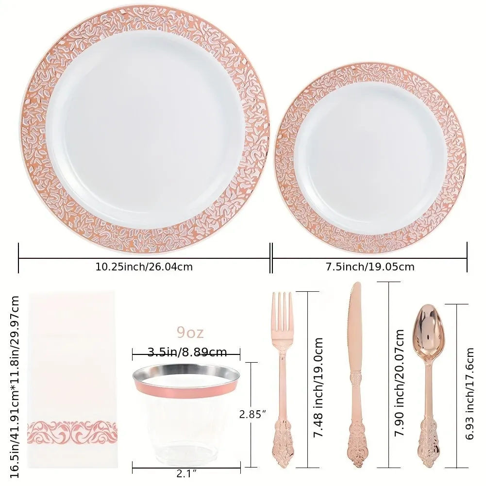 175pcs Rose Gold Plastic Tableware Set for 25 Guests - Rose Gold Edge Lace Design, Including 25 Dinner Plates, 25 Dessert Plates, 25 Forks, 25 Knives, 25 Spoons, 25 Cups, 25 Napkins, Suitable for Parties, Weddings, Easter, Mother's Day And Daily Use