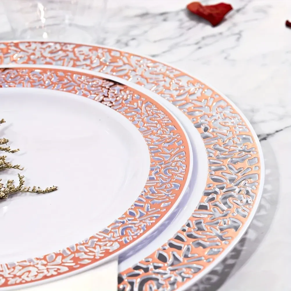 175pcs Rose Gold Plastic Tableware Set for 25 Guests - Rose Gold Edge Lace Design, Including 25 Dinner Plates, 25 Dessert Plates, 25 Forks, 25 Knives, 25 Spoons, 25 Cups, 25 Napkins, Suitable for Parties, Weddings, Easter, Mother's Day And Daily Use