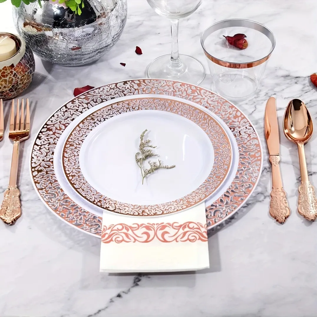 175pcs Rose Gold Plastic Tableware Set for 25 Guests - Rose Gold Edge Lace Design, Including 25 Dinner Plates, 25 Dessert Plates, 25 Forks, 25 Knives, 25 Spoons, 25 Cups, 25 Napkins, Suitable for Parties, Weddings, Easter, Mother's Day And Daily Use