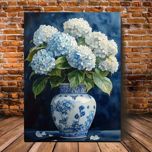 Wooden frame canvas painting, fashionable embroidered ball flower bottle, canvas art print, wrapped canvas painting for modern living room, bedroom, office, and coffee shop wall decoration