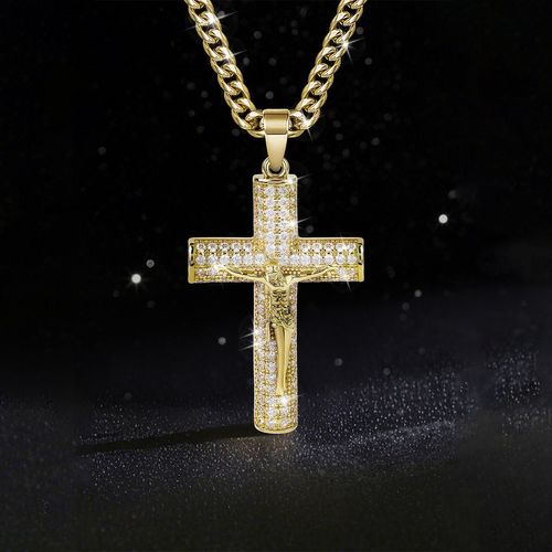 Gold plated large diamond studded cross necklace