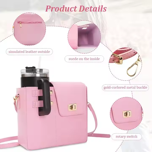 Pink Crossbody Bag: Cup Slot + Stylish Details