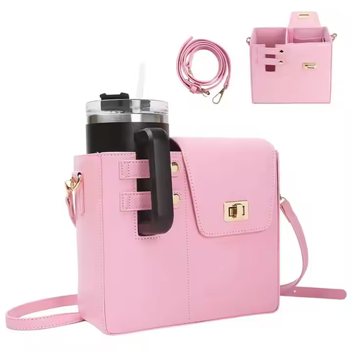 Pink Crossbody Bag: Cup Slot + Stylish Details