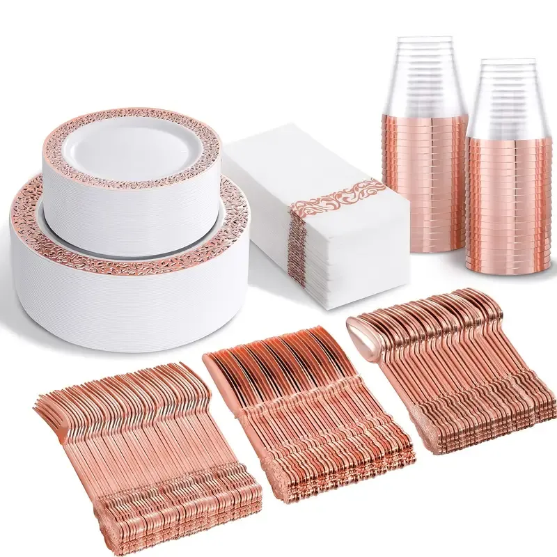 175pcs Rose Gold Plastic Tableware Set for 25 Guests - Rose Gold Edge Lace Design, Including 25 Dinner Plates, 25 Dessert Plates, 25 Forks, 25 Knives, 25 Spoons, 25 Cups, 25 Napkins, Suitable for Parties, Weddings, Easter, Mother's Day And Daily Use