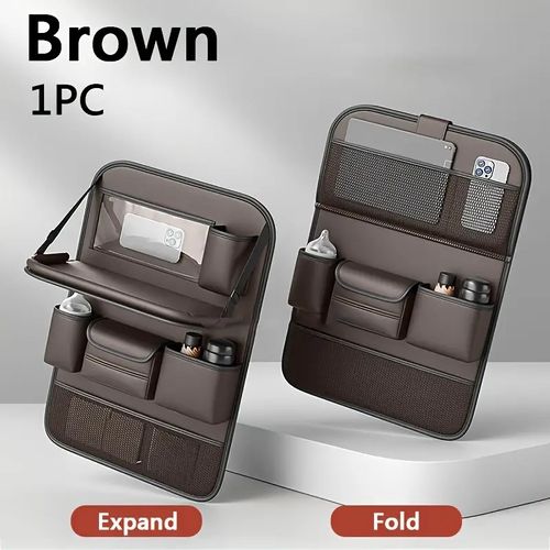 Premium Napa PU Leather Car Backseat Organizer with Foldable Tray Table, Multi-Pocket Kick Mat Storage Bag