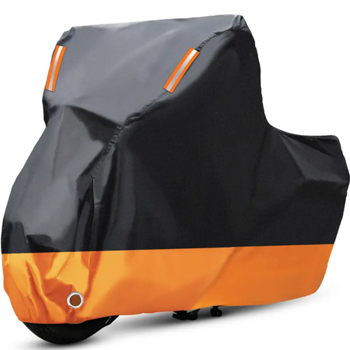 High-quality 3-layer waterproof motorcycle cover—waterproof, UV-resistant, windproof, and dustproof—offering all-weather protection. Features reflective strips, lock holes, and elastic band. (230×125×95cm , 90.55×49.21×37.4.)