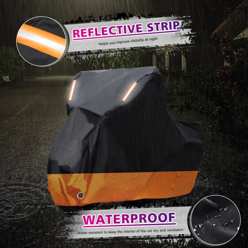 High-quality 3-layer waterproof motorcycle cover—waterproof, UV-resistant, windproof, and dustproof—offering all-weather protection. Features reflective strips, lock holes, and elastic band. (230×125×95cm , 90.55×49.21×37.4.)