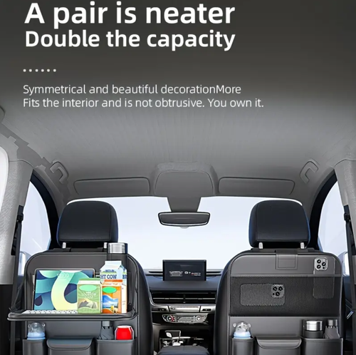 Premium Napa PU Leather Car Backseat Organizer with Foldable Tray Table, Multi-Pocket Kick Mat Storage Bag