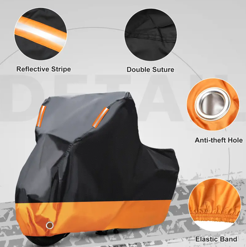 High-quality 3-layer waterproof motorcycle cover—waterproof, UV-resistant, windproof, and dustproof—offering all-weather protection. Features reflective strips, lock holes, and elastic band. (230×125×95cm , 90.55×49.21×37.4.)