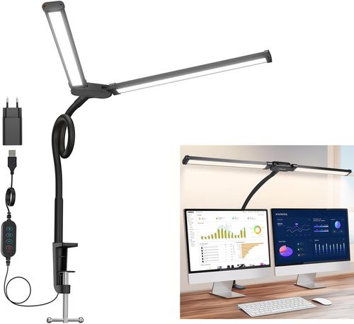 LED Desk Lamp Double Head, Adjustable Flexible Gooseneck, Eye Protection Architect Table Lamps, 61cm Monitor Light Double Swing Arm, 3 Colors and 10 Brightness Levels for Computer, Office, Reading and Piano(Black)
