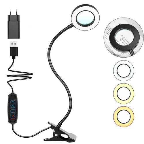 Generic 3X Magnifying Glass Desk Lamp with Clamp, Reading Lamps, Craft Lamp, eye protection lamp, 48 LED USB Desk Lamp with 10 Dimmable Brightness & 3 Light Modes USB Powered 360 ° Flexible Gooseneck Clamp for Bed Headboard Table Office Lights Crafts Workbench (Adapter Available)
