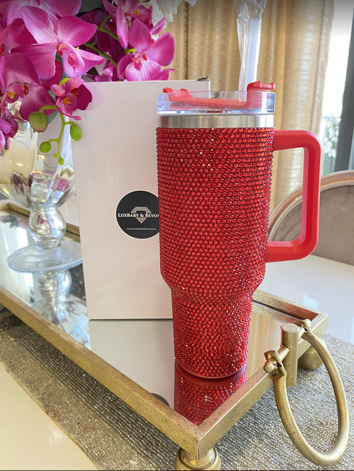 Lashicorn 40 ounce glass with red rhinestone design with handle and straw lid, high gem design, with red isolation