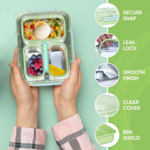 Mylindde Bento Box, Leakproof Lunchbox, Food Storage Box, Stainless Steel Lunch Box, Leakproof Bento Box, for Adults Kids Teens (Transparently, Green)