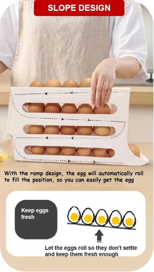 4 Tiers Egg Holder for Fridge Automatic Rolling Fridge Egg Container Large Capacity Egg Rack for Refrigerator Stackable Egg Dispenser Holder  New Auto Rolling Egg Tray (Yellow)