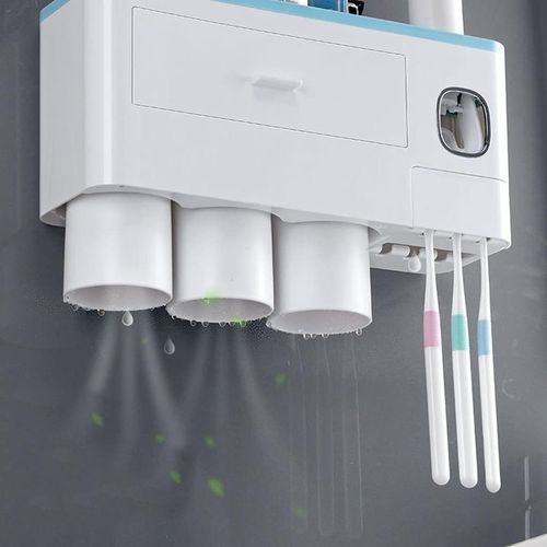Toothbrush Rack Home Toothbrush Holder Wall Mounted Bathroom Organizer, Toothbrush Holder with Toothpaste Dispenser and Cups Bathroom Toothbrush Holder(A)