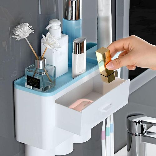 Toothbrush Rack Home Toothbrush Holder Wall Mounted Bathroom Organizer, Toothbrush Holder with Toothpaste Dispenser and Cups Bathroom Toothbrush Holder(A)
