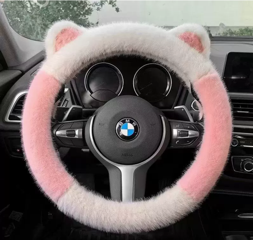Artificial cute plush ear steering wheel cover - Comfortable and anti-slip high-quality wool-like material, suitable for various steering wheels ranging from 13 inches to 15.35 inches.