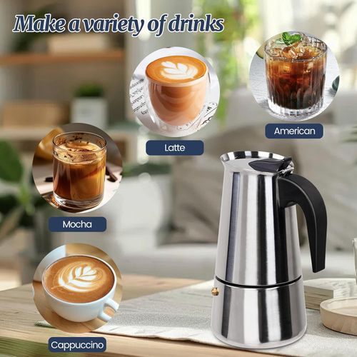 6 Cup Moka Pot Stainless Steel 300ml Italian Espresso Coffee Maker Stovetop Coffee Makers Mocha Pot Percolator Greca Coffee Maker for Induction Stove Portable for Easy Brewing Straight
