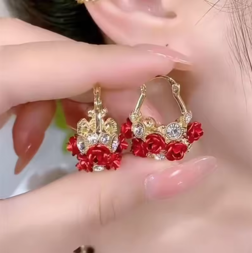Red/Purple Flower Basket Shape Crystal Glass Rhinestones Hoop Earrings Jewelry For Women