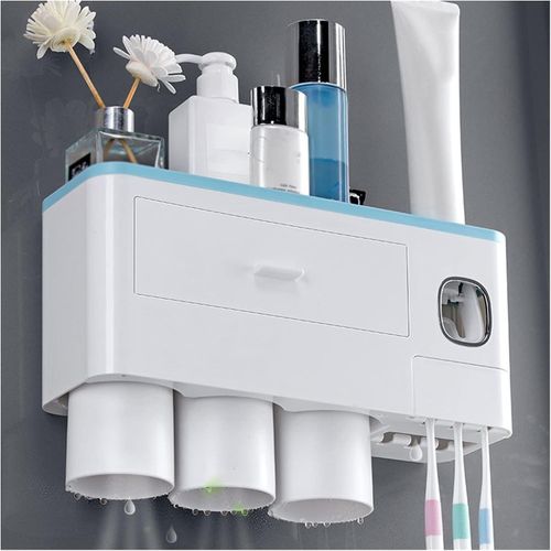 Toothbrush Rack Home Toothbrush Holder Wall Mounted Bathroom Organizer, Toothbrush Holder with Toothpaste Dispenser and Cups Bathroom Toothbrush Holder(A)