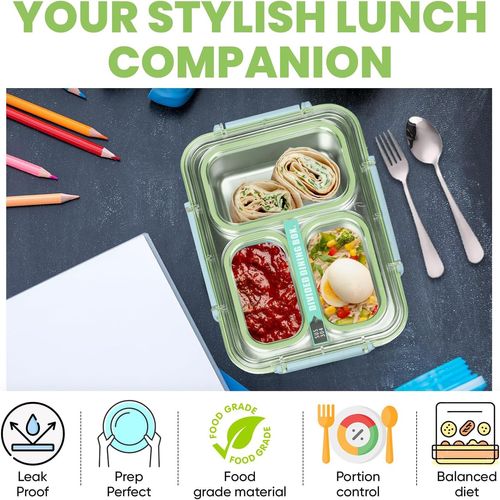 Mylindde Bento Box, Leakproof Lunchbox, Food Storage Box, Stainless Steel Lunch Box, Leakproof Bento Box, for Adults Kids Teens (Transparently, Green)