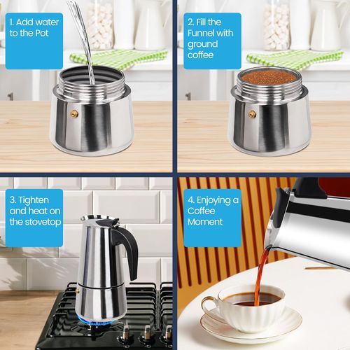 6 Cup Moka Pot Stainless Steel 300ml Italian Espresso Coffee Maker Stovetop Coffee Makers Mocha Pot Percolator Greca Coffee Maker for Induction Stove Portable for Easy Brewing Straight