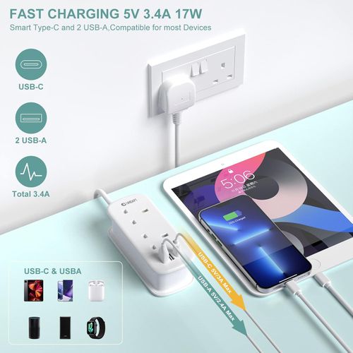 Unidapt Extension Lead With Usb Slots,2 Socket Extension Cable With 1 Usb C And 2 Usb A, 3250W 13A, Multi Power Strip Plug Extension With 1.5M Rollable Extension Cord For Home Office Travel, White