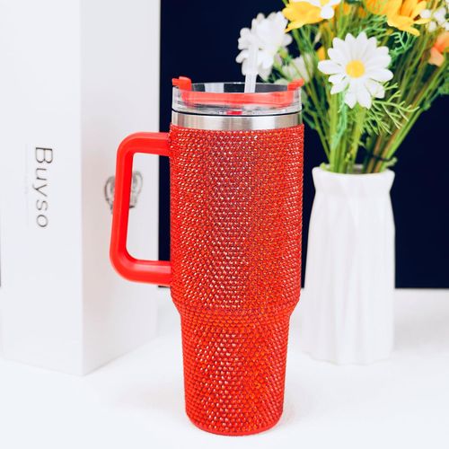 Lashicorn 40 ounce glass with red rhinestone design with handle and straw lid, high gem design, with red isolation