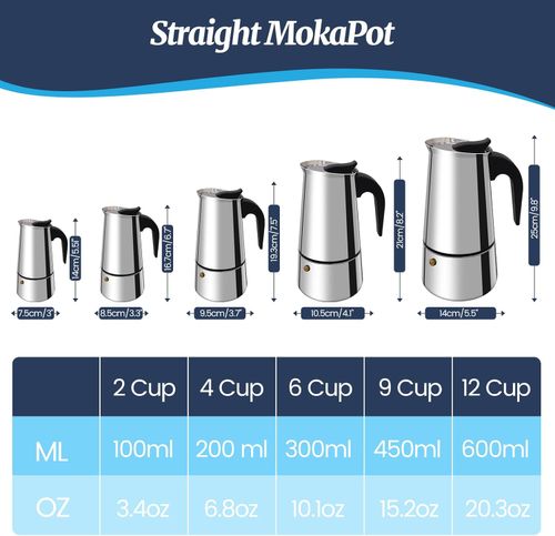 6 Cup Moka Pot Stainless Steel 300ml Italian Espresso Coffee Maker Stovetop Coffee Makers Mocha Pot Percolator Greca Coffee Maker for Induction Stove Portable for Easy Brewing Straight