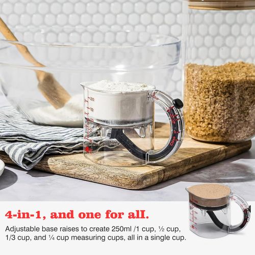 4-in-1 Adjustable Measuring Cup with Space-Saving Base, for Peanut Butter Easy to Clean Kitchen Cooking and Baking Cups with Push Design (1Pcs)