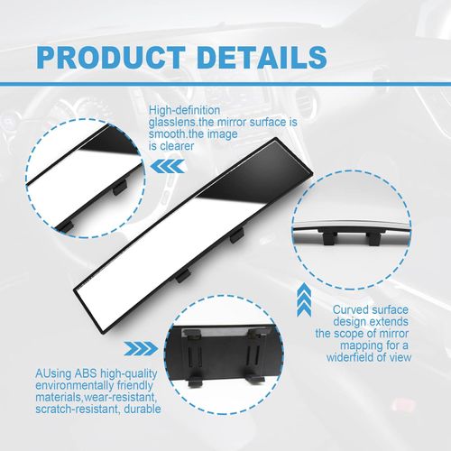 Car Rearview Mirrors, 12 inch HD Panoramic Wide Angle, Interior Clip on Panoramic Rear View Mirror for Car, Anti Glare, Automotive Accessories, Universal Use for Cars, SUVs, Trucks, Vehicles (White)