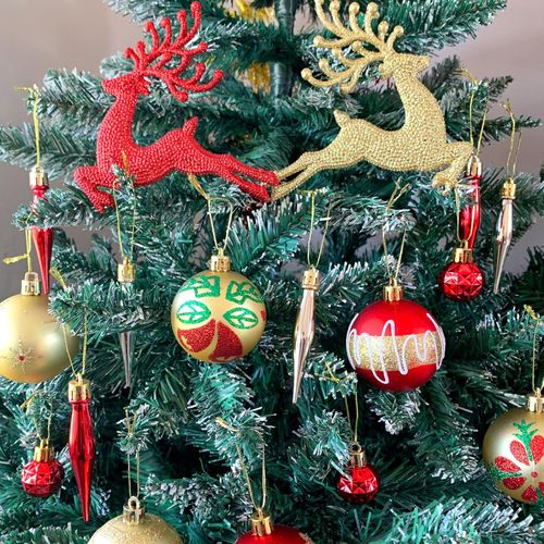 40PCS Christmas Balls Ornaments 2.36inch Shatterproof Glittering Plastic Hanging Decorations Red Green and Gold Snowflake Elk Christmas Tree Pendants for Holiday Party Decor (Red Elk)