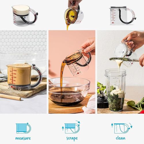 4-in-1 Adjustable Measuring Cup with Space-Saving Base, for Peanut Butter Easy to Clean Kitchen Cooking and Baking Cups with Push Design (1Pcs)